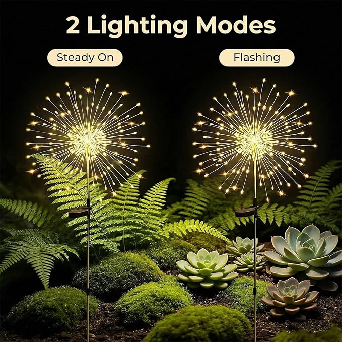 Solar Firework Lights Outdoor, 200 LED Starburst Garden Lights, Adjustable Height 2/3-Rod up to 51in, Stainless Steel, 2 Lighting Modes, IP65 Waterproof Pathway Light for Yard Patio Lawn