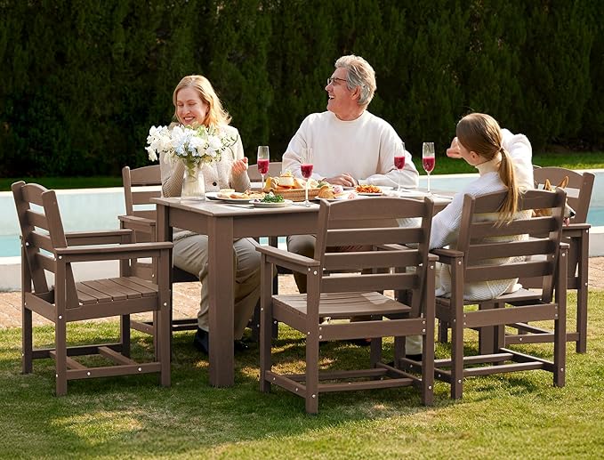 SERWALL Patio Dining Sets, Outdoor Dining Sets for 6 Person with 1 Umbrella Hole Cut-Out Rectangular Table and 6 Chairs, HDPE Dining Sets Outdoor, Brown