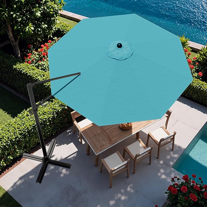 Devoko 10ft Cantilever Patio Umbrella, Round Large Outdoor Umbrella with 360-Degree Rotation, Hanging Offset Market Sun Umbrella, Easy Tilt and Heavy-Duty Frame, for Patio Backyard Garden, Turquoise