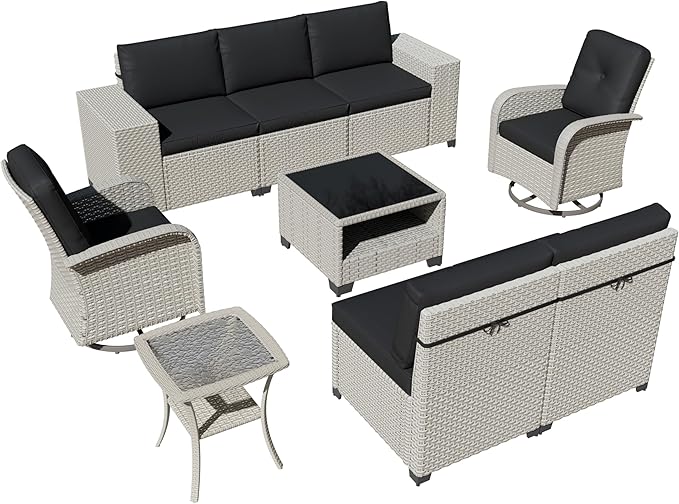 9-Piece Outdoor Patio Furniture Set, Modular Sectional Sofa Set with Swivel Rocker Chairs, Wicker Outdoor Couch Conversation Sets w/Coffee Table and Cushions, Black