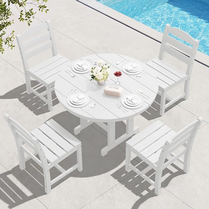 SERWALL 6-Piece Patio Dining Sets, HDPE Outdoor Table and Chairs Furniture Set with Umbrella, 45" Round Dining Table & 4 Armless Dining Chairs & 1 9FT Umbrella, White(Not Include Umbrella Base)