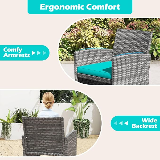 RELAX4LIFE 4-Piece Patio Furniture Set - Wicker Rattan Outdoor Sectional Sofa Set w/Glass Coffee Table, Loveseat, 2 Single Chairs & Soft Cushions, Bistro Conversation for Garden Porch (1, Turquoise)