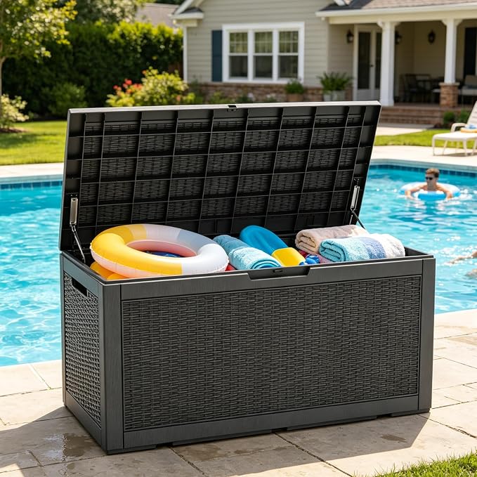 LAUSAINT HOME 100 Gallon Resin Deck Box for Outdoor Storage, Extra Large Waterproof Patio Storage Bench for Cushions and Garden Tools, Heavy Duty Seating, Lockable Toy Box for Porch and Deck (Black)