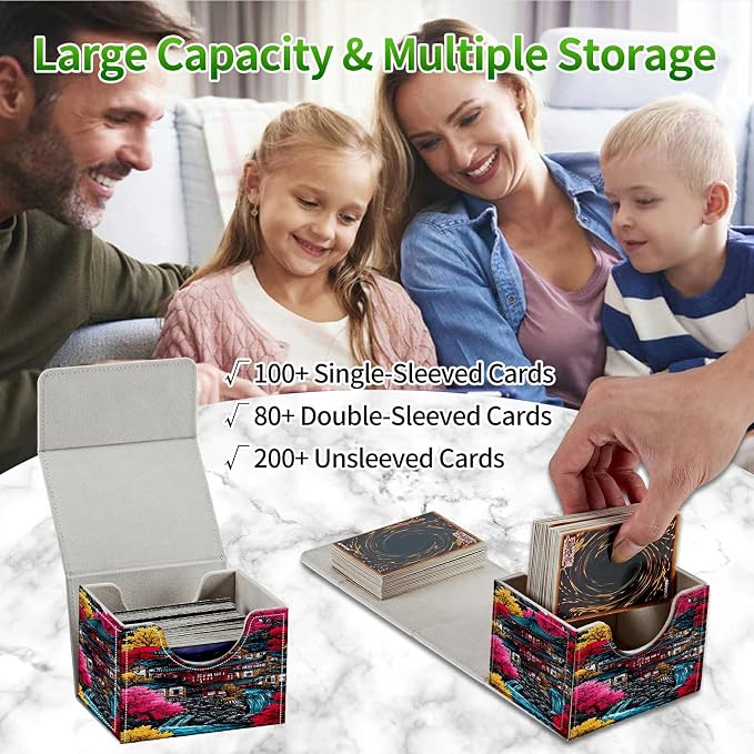 Card Deck Box for MTG, Cards Storage Box Fits 120+ Sleeved, Leather Small Size Strong Magnetic Closing Card Case for Board Games Magic TCG CCG Baseball Collection, Pink Leaf House