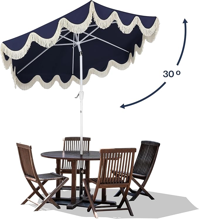 JONATHAN Y UMB1001 Collins 9 ft. Classic Cottage Tassel Market Patio Umbrella with Auto-Tilt, Crank, Wind Vent and UV Protection