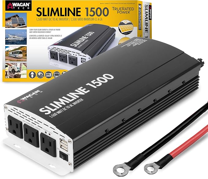 Wagan EL3722 1500W Slim Line AC to DC Power Inverter 1500W TrueRated Continuous 3000W Surge Power DC 12V to AC 110V Power Inverter with 2 AC Outlets and 2A USB Charging Port