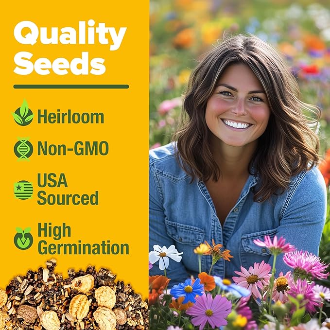 HOME GROWN Premium Wildflower Seeds Bulk Mix | 89,000+ Non-GMO Native Perennial Flower Seed for Planting | 23 Varieties for Bees, Butterflies & Birds | Full Sun & Shade | 2 oz
