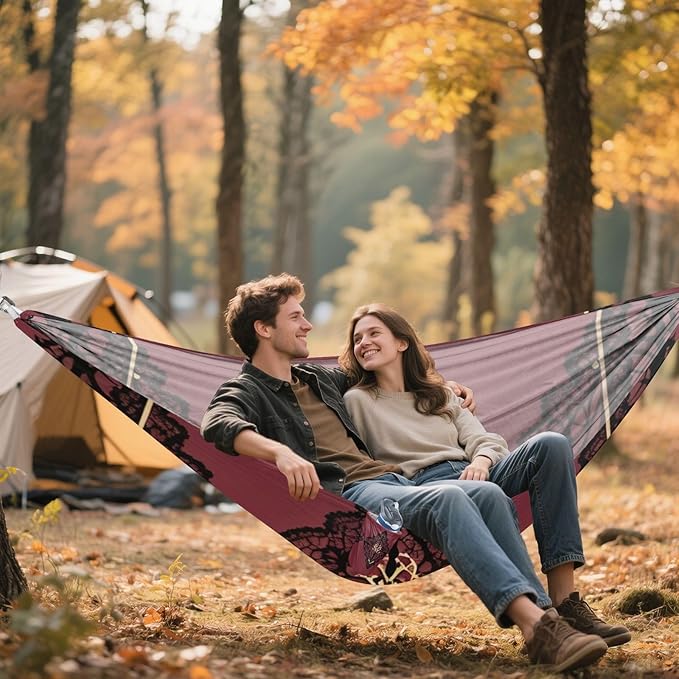 Burgundy Lace Outdoor Hammocks with Tree Straps Cloth Hammock for Camping Travel Accessories