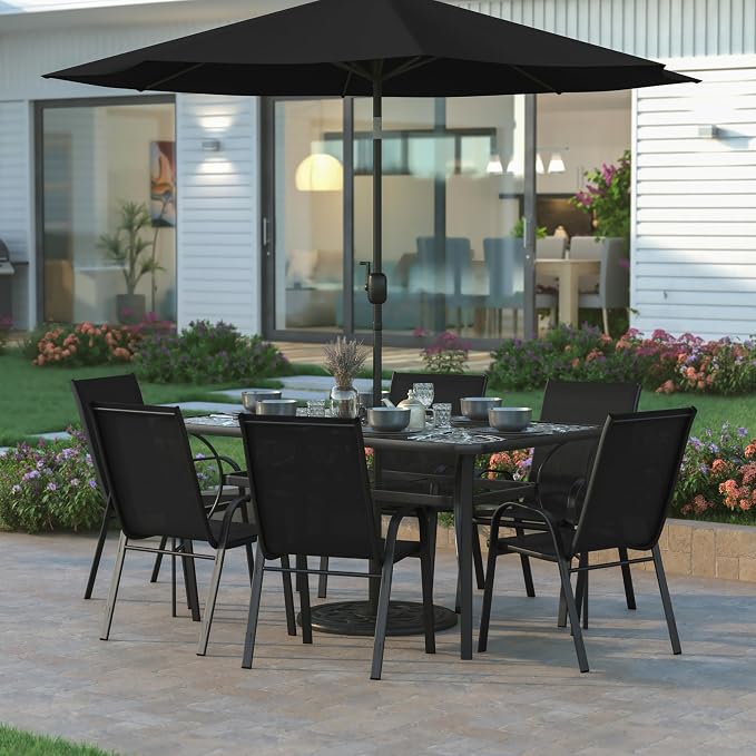 EMMA + OLIVER Bartlett 7-Piece Outdoor Dining Set, Patio Table with Tempered Glass Top and Umbrella Hole, 6 Flex Comfort Textilene Stack Chairs, 60", Black/Black
