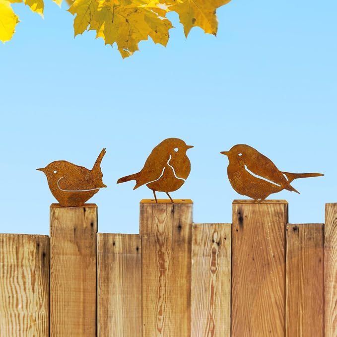 3PCS Rusty Birds Decor, Metal Birds Yard Decor,Rusty Garden Decor | Cute Metal Birds Garden Ornaments Silhouette- Garden Sculptures and Yard Art, Rustic Birds Decoration Outdoor Patio Yard