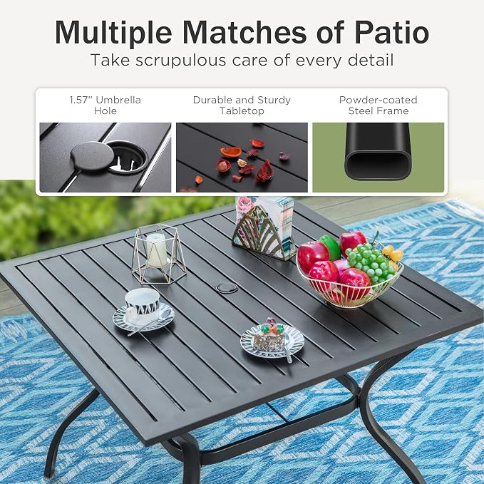 PHI VILLA 6 Piece Outdoor Dining Set with 10ft Umbrella (Navy Blue), Patio Table and Chairs for 4 with Lightweight Folding Chairs & Metal Square Table for Yard, Garden and Deck (No Umbrella Base)