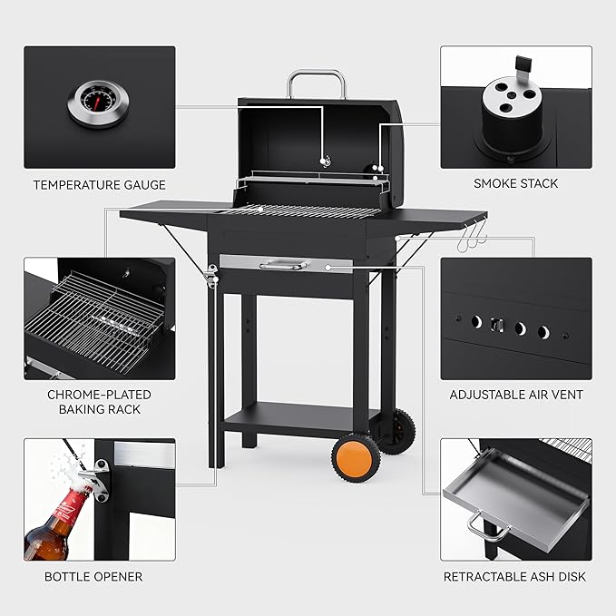 KEYO GRILL 20-Inch Heavy Duty Charcoal Grills, Adjustable Vent Outdoor BBQ Grill with Two Side Tables, Pullable Charcoal Ash Tray Portable Barbecue Grill for Backyard,Tailgating and Camping, Black