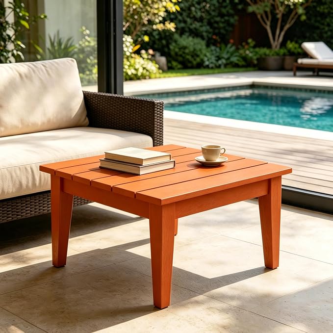 WestinTrends Ashore Outdoor Coffee Table, 32 Inch All Weather Poly Lumber Adirondack Patio Coffee Table Square Low Table, Orange