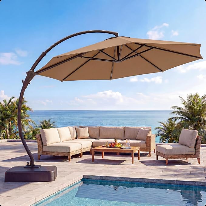 LAUSAINT HOME 10FT Curvy Cantilever Patio Umbrella with Base, 360° Rotation Offset Outdoor Umbrella, Heavy Duty Hanging Umbrella for Backyard, Pool, Garden（Tan）