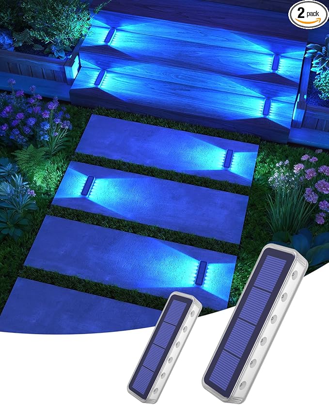 DetarZinLED Blue Solar Lights for Outside 2 Pack, 12 LEDs 2-Sided Illumination Solar Dock Lights Outdoor IP68 Waterproof, Auto On/Off Solar Deck Lights for Steps,Stairs,Driveway,Pathway,Sidewalk,Porch