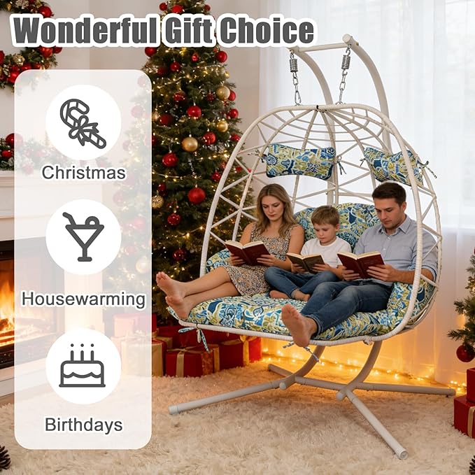 Double Egg Hammock Chair with Stand, Swing Egg Chair, Wicker Hanging Chair with Washable Cushion - Sturdy Metal Stand, 600lbs Capacity for Indoor Outdoor Patio Living Room Etc (White+Morocco Dream)