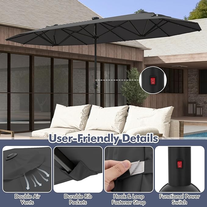 HAPPYGRILL Double-Sided Patio Umbrella with Solar Lights, 13FT Large Umbrella with Base Included, Crank Handle, Market Twin Table Umbrella for Outdoor Backyard Garden Poolside