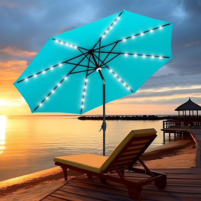 GDY 10Ft Patio Umbrella, Table Umbrella with 40 LED Lights, Outdoor Umbrellas for Patio, with Tilt and Crank, Center Light, for Garden, Deck, Backyard, Pool, and Beach.