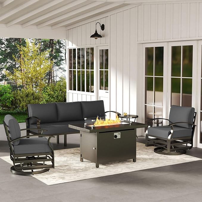 ALAULM Aluminum Patio Furniture Set with Propane Fire Pit Table 5-seat Metal Outdoor Furniture w/Fire Pit Patio Sectional Sofas w/5.1" Cushions for Patio, Backyard, Poolside-Black