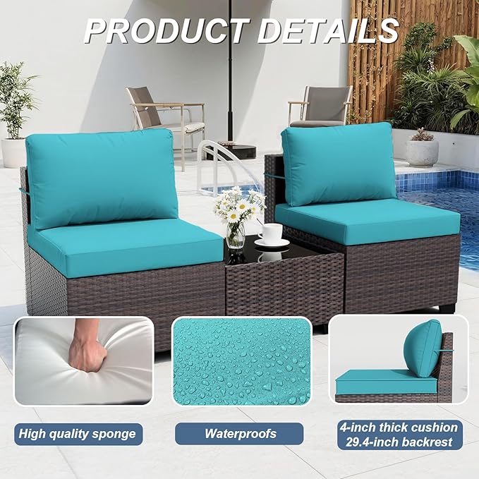 ALAULM Patio Furniture Set with Coffee Table, 14 Pieces Outdoor Sectional with Wide Seat and Thick Cushion, All Weather Wicker Rattan Conversation Set for Backyard, Garden, Deck, Turquoise