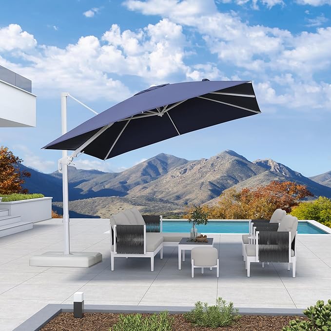 PURPLE LEAF 10 FT Right-left Tilt Patio Umbrella Swivel White Cantilever Umbrella with Tilt Aluminum Outdoor Umbrella with 360° Rotation for Deck Pool Garden, Navy Blue