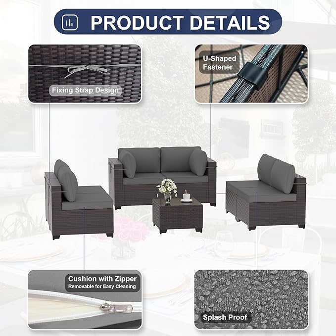 Patio Furniture Set 7PCS Outdoor Furniture for Backyard Sectional Sofa Set, Rattan Wicker Patio Conversation Set with 4 Inch Thickened Cushions and Glass Coffee Table, Grey