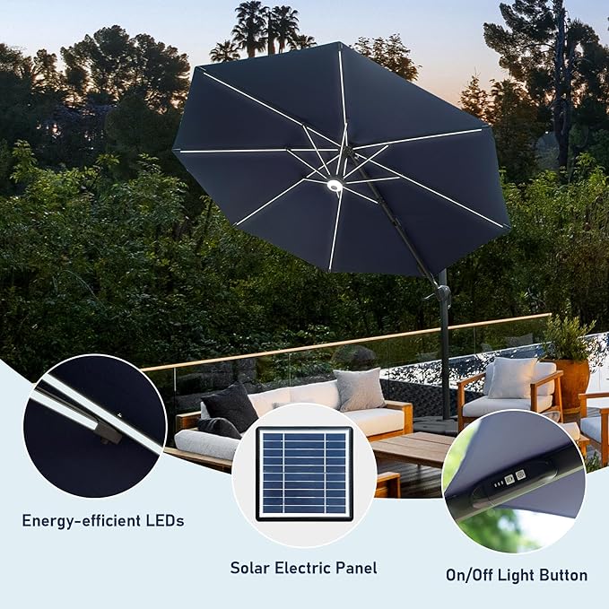 Domi 10FT Cantilever Patio Umbrella Solar Powered LED Round Deluxe Offset Umbrella, Aluminum Hanging Umbrella with 360°Rotation, Outdoor Market Umbrella for Deck Backyard Garden Pool, Navy Blue