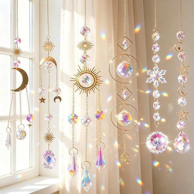 6 Pack Crystal Suncatchers for Window, Rainbow Prism Hanging Decor | Sun Catchers Indoor Hanging Decor with Sun Moon Star Charms, Sparkly Window Ornaments for Home, Office, Garden, Wedding Gift