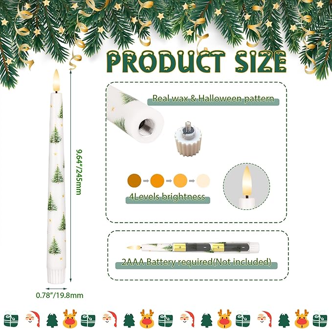 Flameless Taper Candles with Remote, Real Wax Christmas Tree Taper Candles Battery Operated, 9.6" Flickering Xmas LED Candlesticks for Home, Party, Holiday Decor