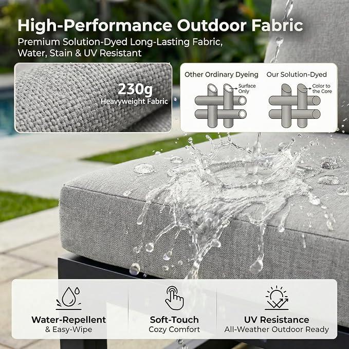 RADIATA 9 Piece Modular Outdoor Furniture Set with Fire Pit Table & Side Table, 29" Deep Wide Sectional Seating, Heavy Duty Aluminum Frame for 500 lbs, Patio Conversation Set for Poolside, Light Gray