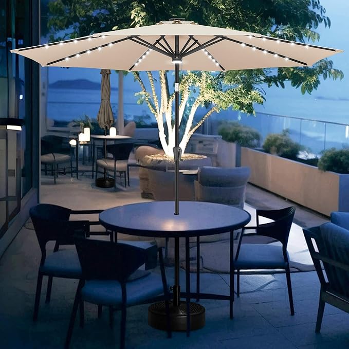 FLAME&SHADE 9 FT outdoor umbrella with 40LED lights, solar light patio umbrella with Centre Surround Light, Table Market Umbrella Outdoor Patiofor Deck, Pool, Backyard, Garden (Beige)