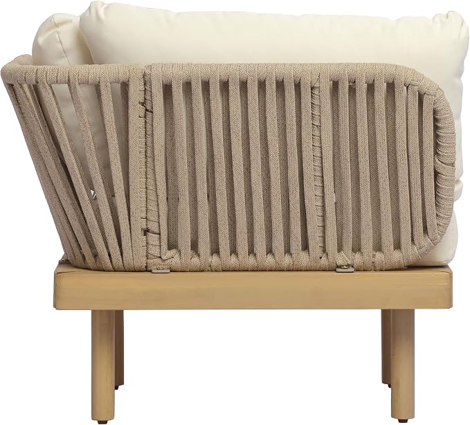 Christopher Knight Home John 4 Piece Patio Furniture Set with Slatted Coffee Table, Outdoor Sofa Set with Rope Back & Cushions, Modern Acacia Wood Sectional Conversation Set, Beige+Cream+Light Teak