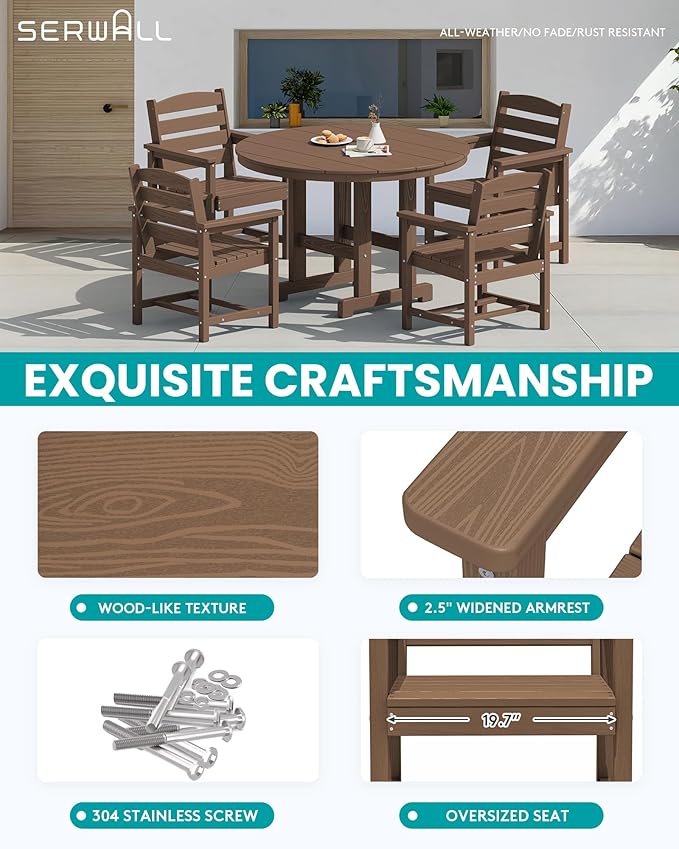 SERWALL 5-Piece Patio Dining Sets, HDPE Outdoor Table and Chairs Furniture Set, 45" Round Dining Table and 4 Dining Chairs, Brown