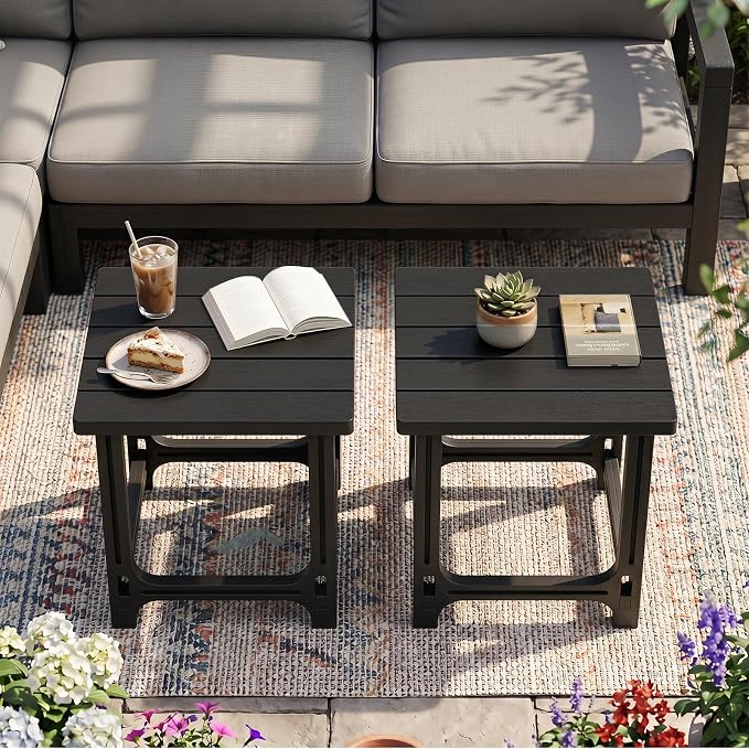 Tangkula Outdoor Adirondack Side Table Set of 2, 18" Heavy Duty HDPE Patio End Table with Slatted Surface, 0-Screw Assembly, Easy Maintenance, Small Side Table for Porch, Pool, Garden, Deck (Black, 2)