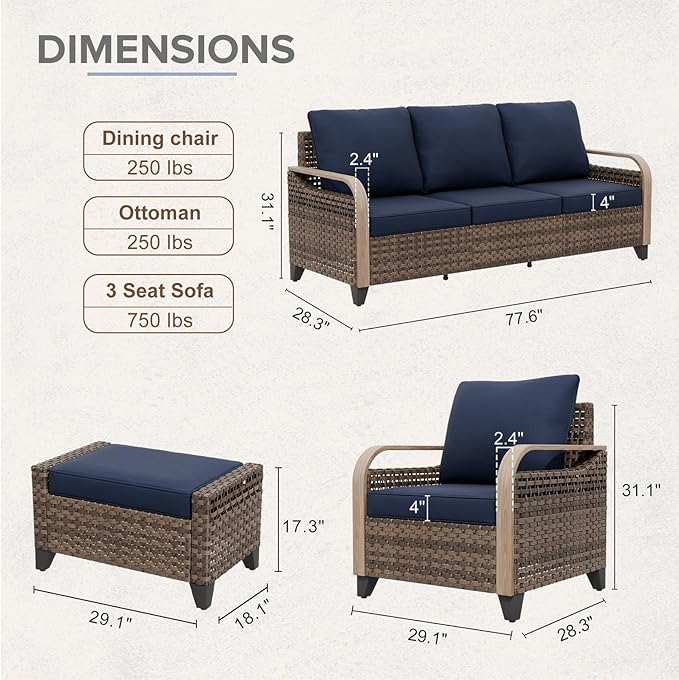 COOS BAY Modern Wicker Outdoor Furniture Set, 5 Piece Patio Conversation Set with 2 Patio Chairs, a 3 Seat Couch and 2 Ottomans, 5 Piece, Brown/Blue