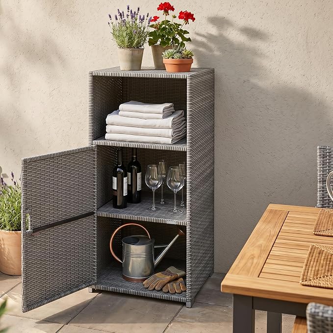 Tangkula Rattan Outdoor Storage Cabinet, Patiojoy PE Wicker Outdoor Cabinet with 3 Storage Shelves, Open Compartment and Door, Patio Storage Deck Box for Porch, Poolside, Backyard