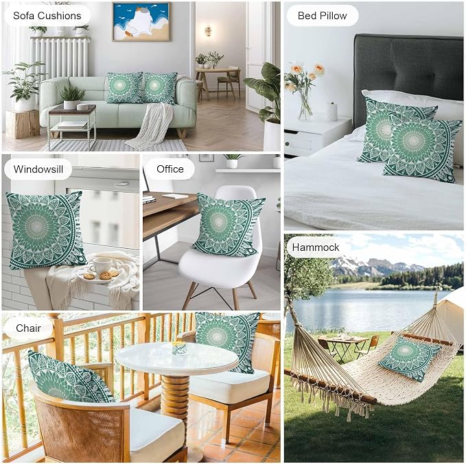 Vandarllin Outdoor Throw Pillows Covers 18x18 inch Set of 2 Waterproof Green Boho Floral Decorative Zippered Cushion Covers for Patio Furniture, Bohemian Sacred Space Art Lumbar Pillowcases