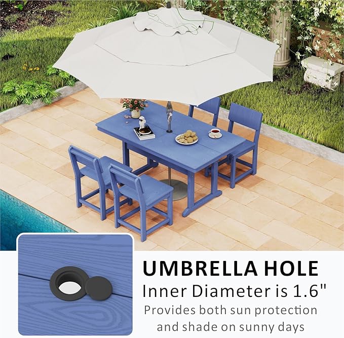 5-Piece HDPE Outdoor Patio Dining Set,Modern Plastic Dining Sets，Patio Table and Chairs Set with Umbrella Hole Cut-Out Table and 4 Chairs Navy