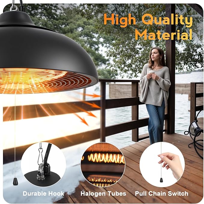 1500W Electric Hanging Patio Heater, 3S Instant Heat, Ceiling-Mounted Outdoor Heater with 3 Modes, Quiet Operation, Overheat Protection, IP55 Waterproof for Patio, Balcony (black, hanging)