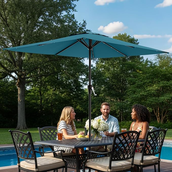 AreShark 8' X 10' Rectangular Patio Umbrella with Solar Lights, Lighted Solar Umbrella with Crank, Outdoor Table Umbrella for Garden, Deck, Backyard, Pool and Beach, Lake Blue