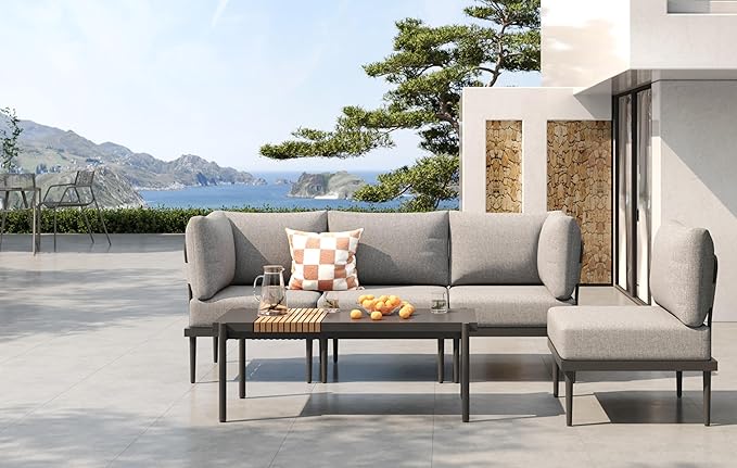 Metal Patio Furniture Set, 5 Pieces Outdoor Sectional Couch Sets with Coffee Table & Washable Thick Cushion, Modular Outdoor Corner Sofa Set for Deck, Patio & Courtyard (Gray)