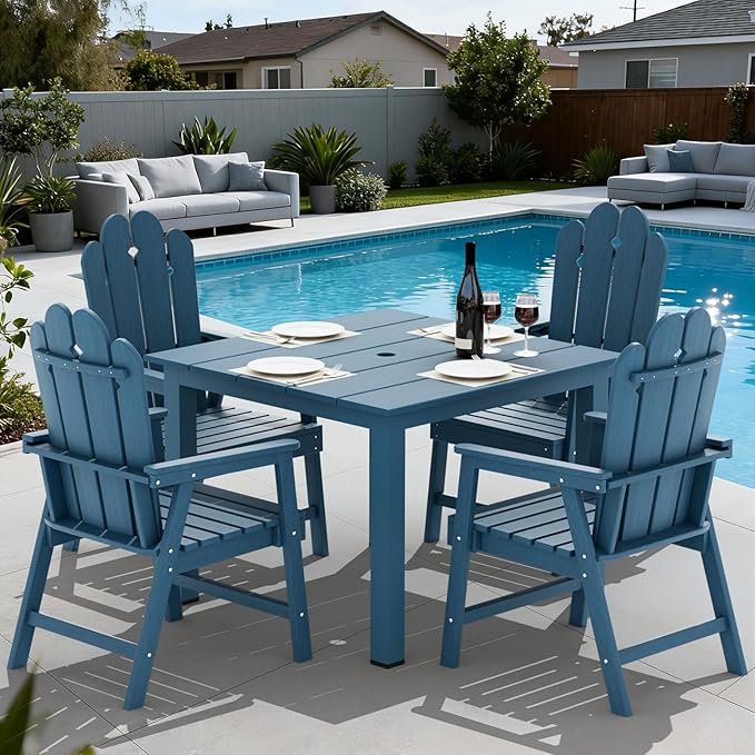 5-Piece Patio Dining Set, Outdoor Dining Set for 4, HDPE All-Weather Outdoor Furniture with 35.43” Umbrella Hole Table, 4 Armchairs, Navy