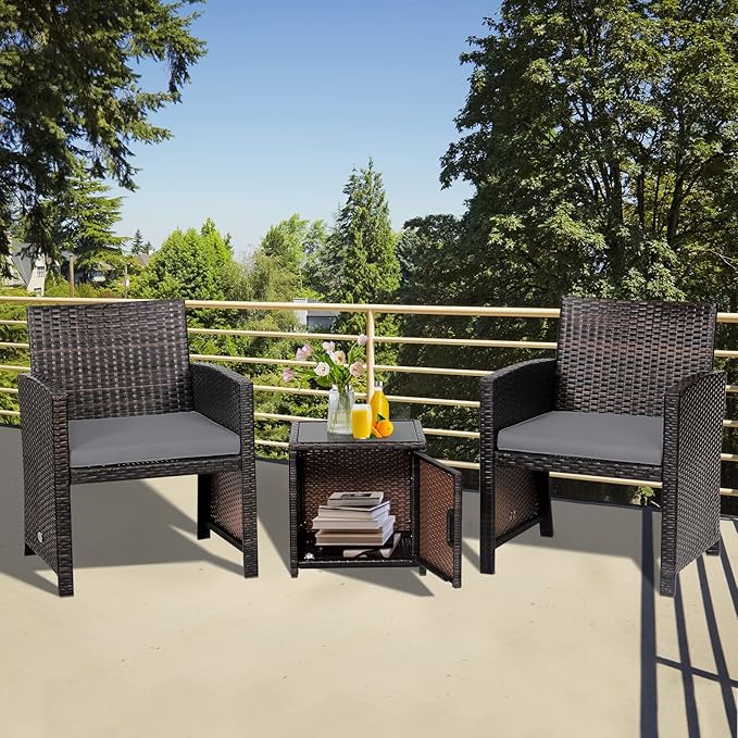 Tangkula 3 Pieces Outdoor Wicker Conversation Set with Waterproof Cover, 2 Patio PE Rattan Cushioned Chairs with Side Storage Table, Suitable for Front Porch, Balcony, Garden, Poolside and Yard (Grey)
