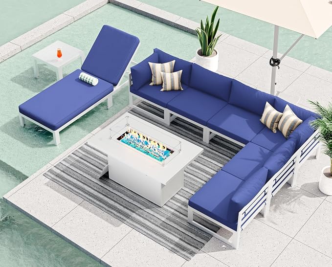 RADIATA 9 Piece Large Modern Aluminum Patio Furniture Set, Fade Resistant Modular Outdoor Conversation Set with Lounge & Fire Pit Table, 500 lbs Durable Modular Sectional Sofa for Garden, Navy Blue