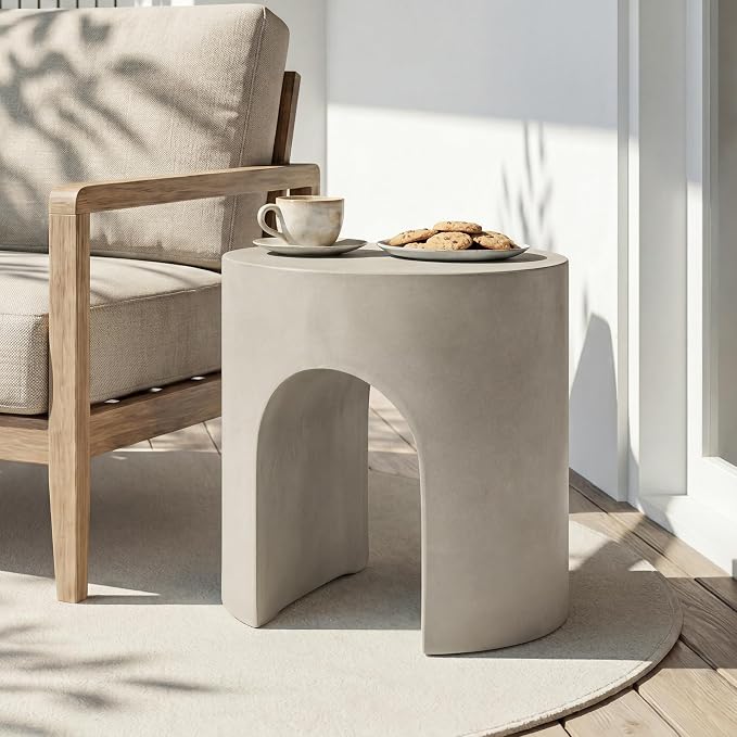 SUNBURY Outdoor Side Table, 16" W Concrete End Table w Arch Shape, Round Cement Accent Table Lightweight for Patio, Modern Decorative Garden Stool for Patio, Backyard, Grey