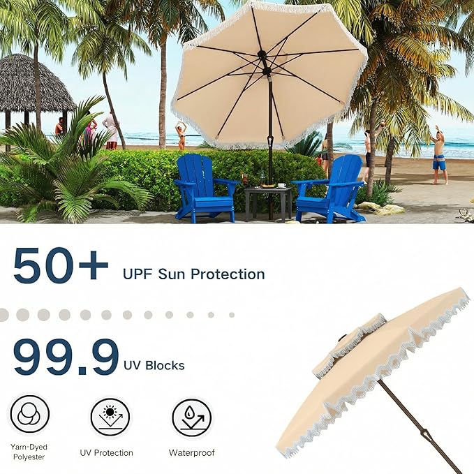 Patiokingdom 9FT Patio Umbrella with Fringe,Tassel Umbrella UPF 50+ & Push-Button Tilt,Rust-Resistant Fiberglass Frame for Pool,Garden,Backyard,Yard (Khaki -1)