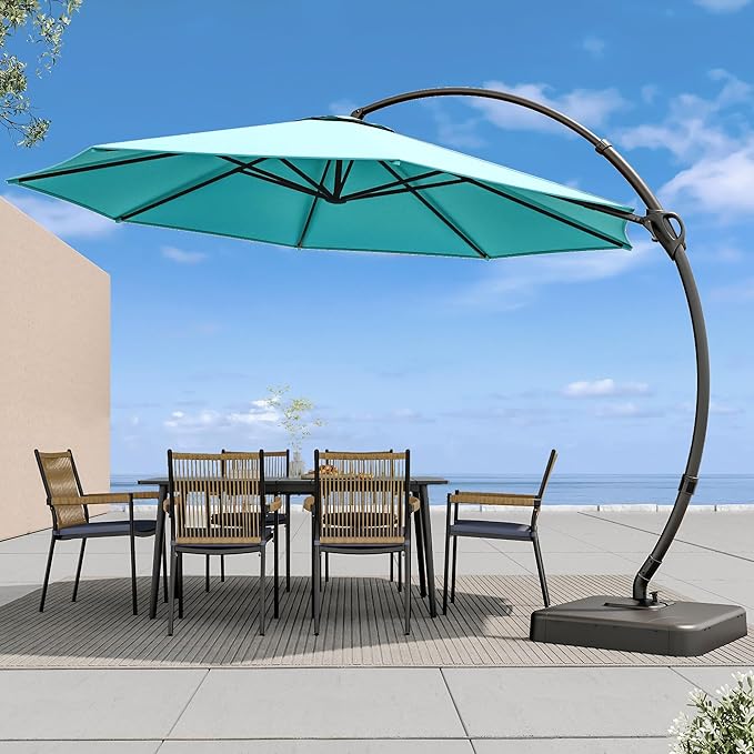 LAUSAINT HOME 11FT Curvy Cantilever Patio Umbrella with Base, 360° Rotation Offset Outdoor Umbrella, Heavy Duty Hanging Umbrella for Backyard, Pool, Garden（Turquoise Blue）