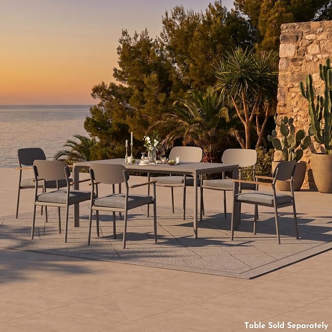 Modern Shade Lusso Outdoor Dining Chairs Set of 6, Fade Resistant, All-Aluminum Outdoor Chairs with FSC Teak Wood Armrests, Weather-Resistant Patio Chair with Quick Dry Cushion, Gray