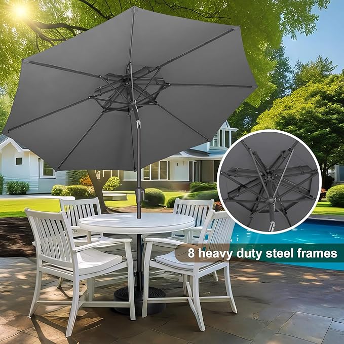 FLAME&SHADE 9ft Patio Umbrella - 2 Tiers Outdoor Umbrella with Push Button Tilt and Crank for UV Protection, Table Market Umbrella for Garden, Deck, Backyard, Pool and Beach(Anthracite)