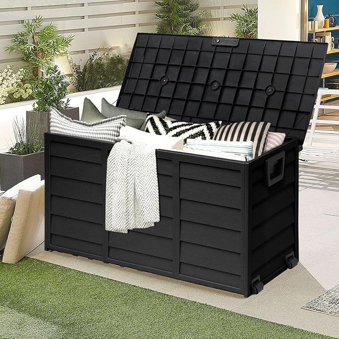 SUNCROWN 75 Gallon Deck Storage Box Resin Outdoor Storage Container with Handles for Patio Garden Yard Porch Poolside, Black